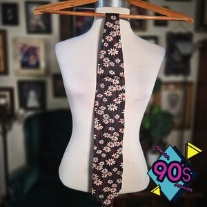 Structure Silk Tie Vintage 90s Black Red White Floral Daisy Print Necktie USA